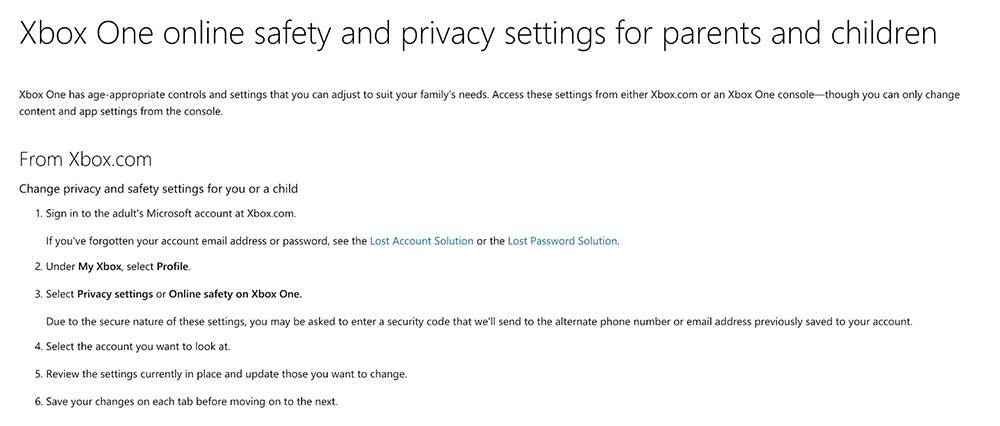 Xbox One online safety and privacy settings for parents and children: From xbox.com section