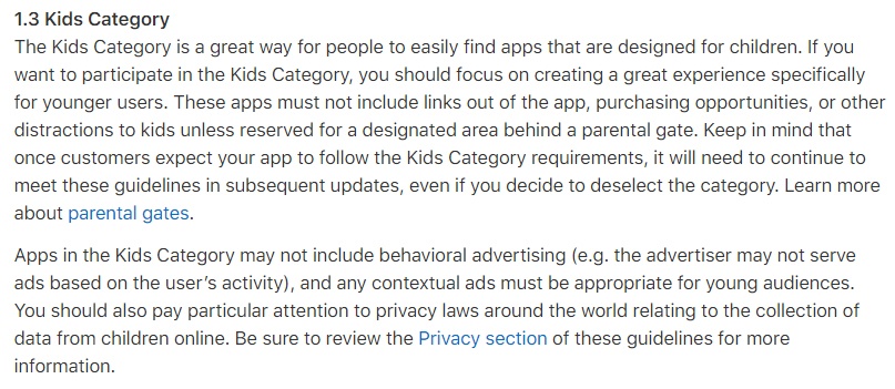 Apple App Store Review Guidelines: Kids Category clause for COPPA