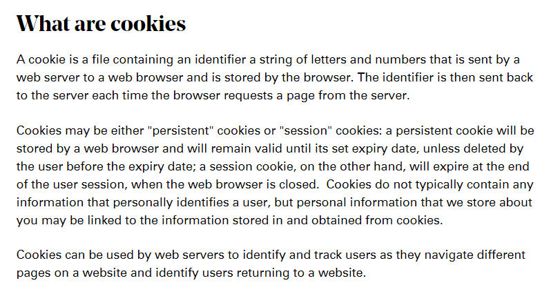 The Arts Council Cookie Policy: Clause with definition of cookies