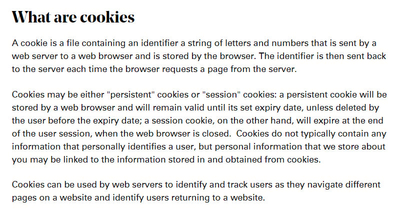 The Arts Council Cookie Policy: Clause with definition of cookies