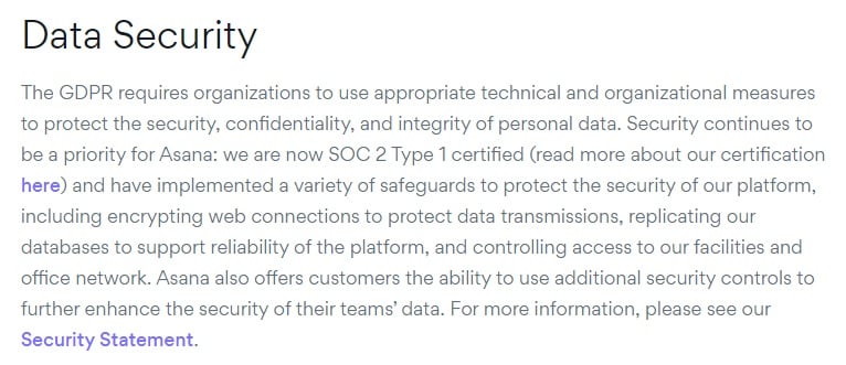 Asana Privacy Policy: Data Security clause - GDPR