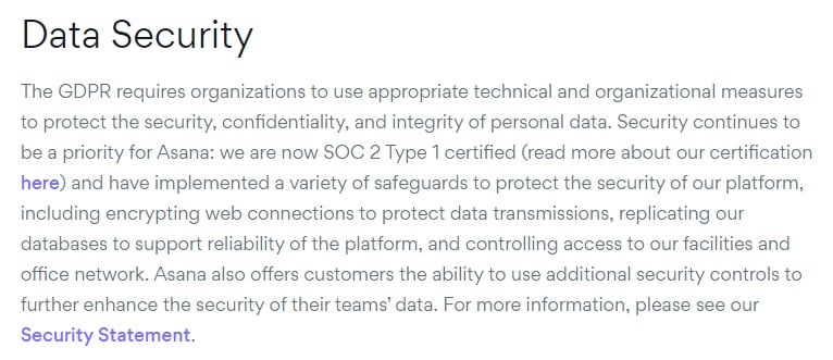 Asana Privacy Policy: Data Security clause - GDPR