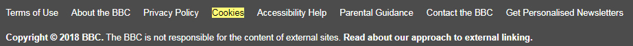 BBC website footer with link to cookies policy highlighted