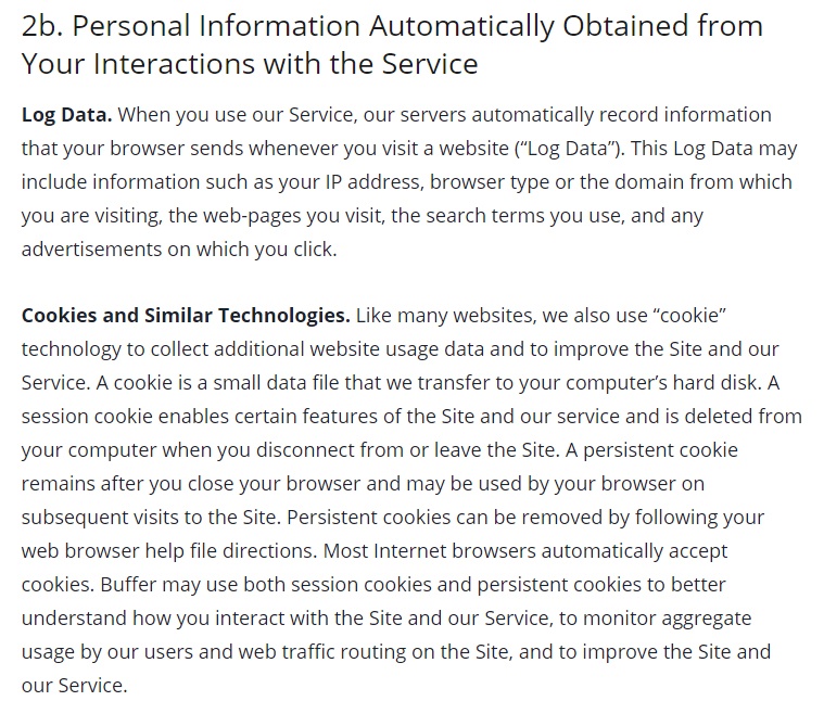 Buffer Privacy Policy: Excerpt of Personal Information Automatically Obtained from Your Interactions with the Service clause - Log Data and Cookies