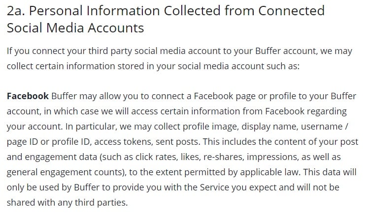 Buffer Privacy Policy: Excerpt of Personal Information Collected from Connected Social Media Accounts clause