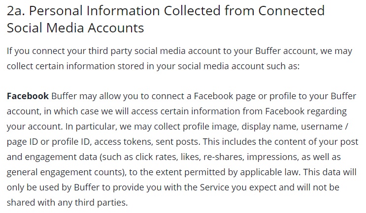 Buffer Privacy Policy: Excerpt of Personal Information Collected from Connected Social Media Accounts clause