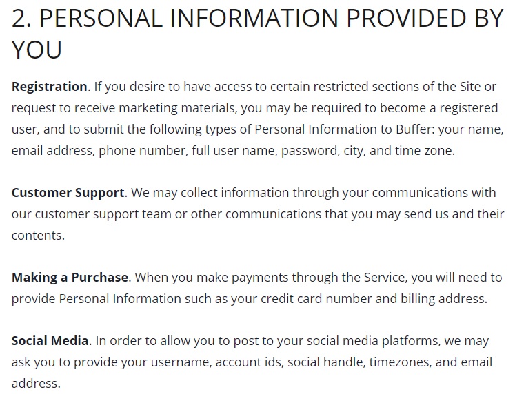 Buffer Privacy Policy: Excerpt of Personal Information Provided by You clause