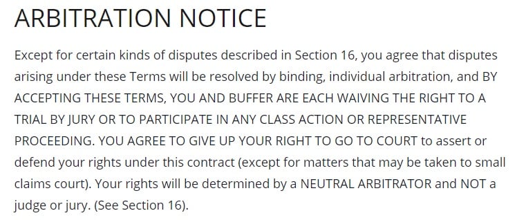 Buffer Terms of Use: Arbitration Notice clause