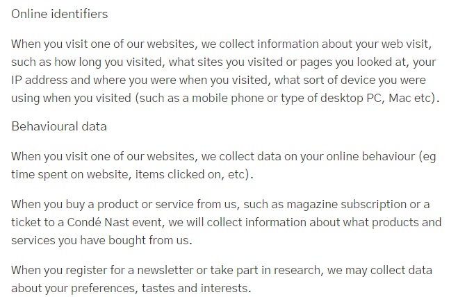 Conde Nast International Privacy Policy: Online identifiers and Behavioural data clauses