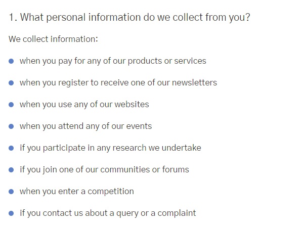 Conde Nast International Privacy Policy: What personal information do we collect from you clause