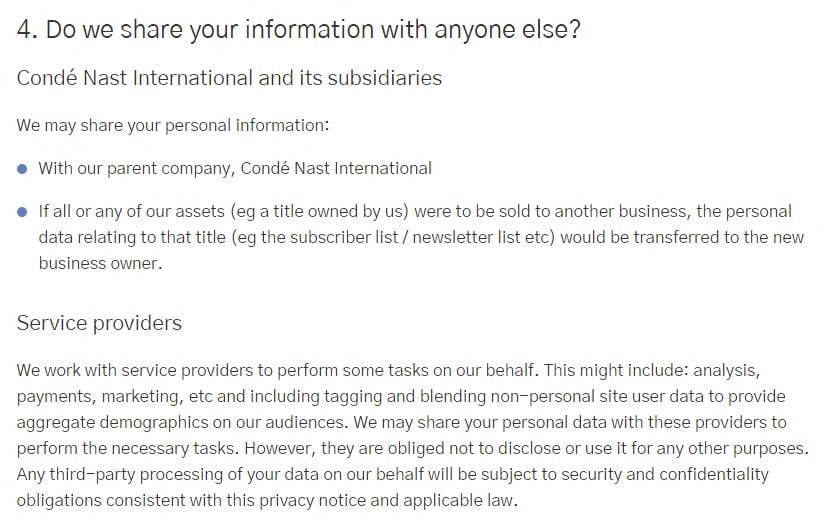 Conde Nast International Privacy Policy: Do we share your information with anyone else - Service providers clause