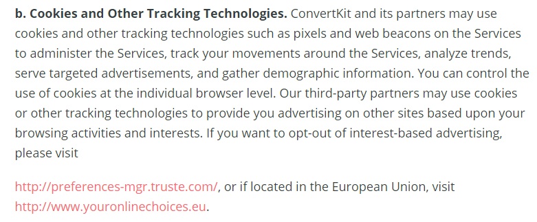 ConvertKit Privacy Policy: Cookies and Other Tracking Technologies clause with links for changing preferences