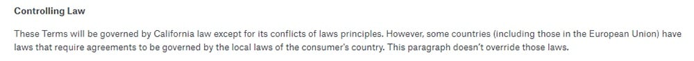 Dropbox Terms of Service: Controlling Law clause