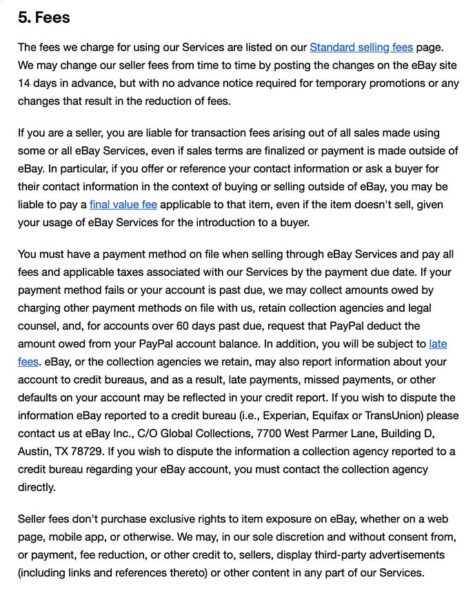 eBay User Agreement: Fees clause