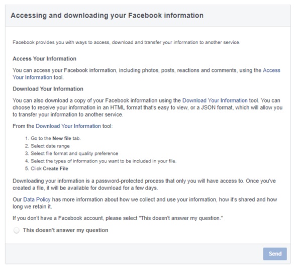 Facebook Help Center: Accessing and downloading your information form