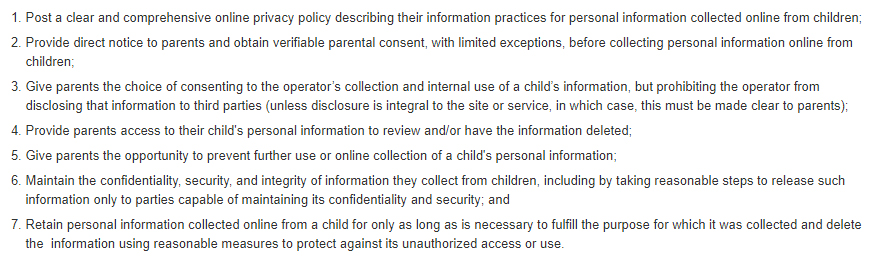 Screenshot of list of requirements for COPPA in FTC FAQ