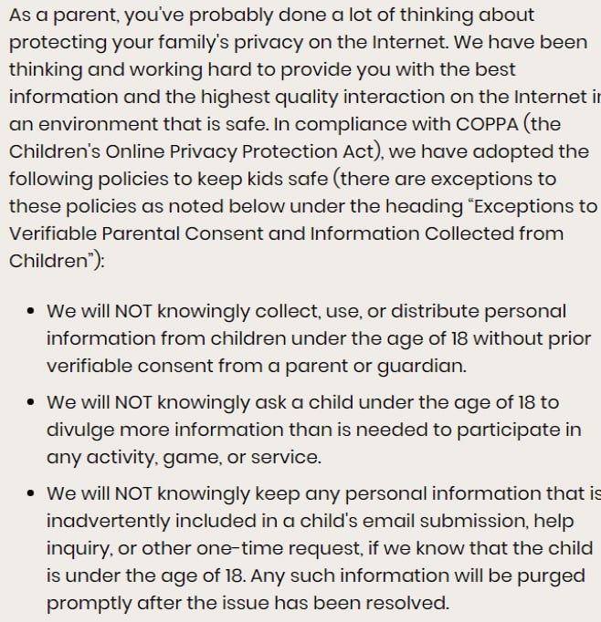 Funbrain Privacy Policy: Excerpt of COPPA clause