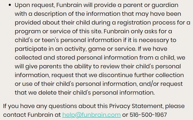 Funbrain Privacy Policy: Excerpt of COPPA parental rights clause
