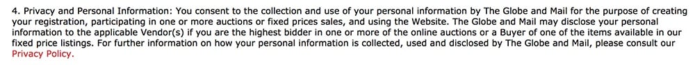 Globe Auction Terms and Conditions: Privacy and Personal Information clause