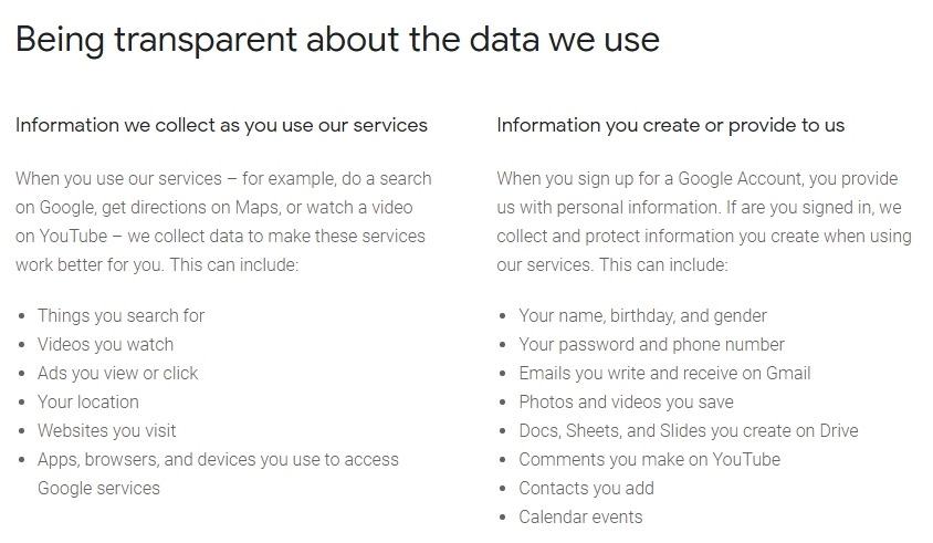 Google Safety Center: Your Privacy: Data Transparency: Being transparent about the data we use clause