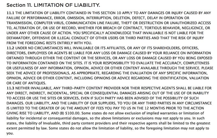 Invaluable&#039;s Terms of Use: Limitation of Liability clause