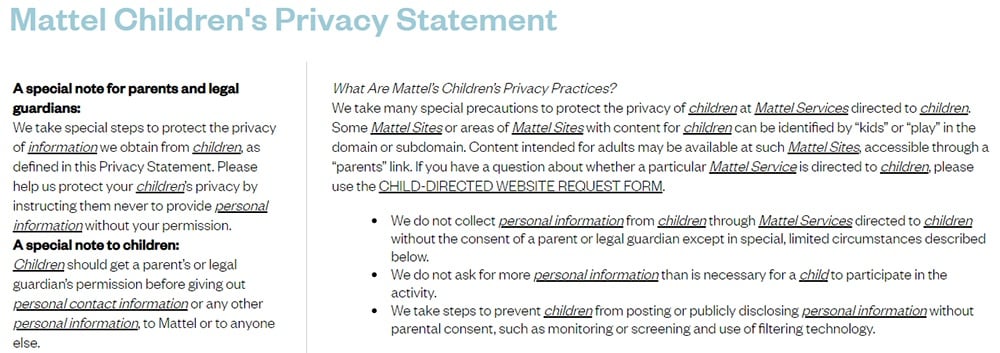 Screenshot of Mattel's Children's Privacy Statement intro