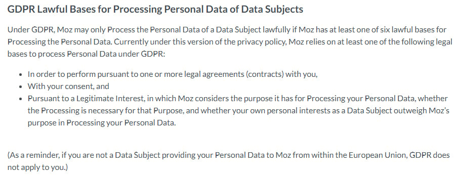 Moz Privacy Policy: GDPR Lawful Bases for Prcessing Personal Data of Data Subjects clause