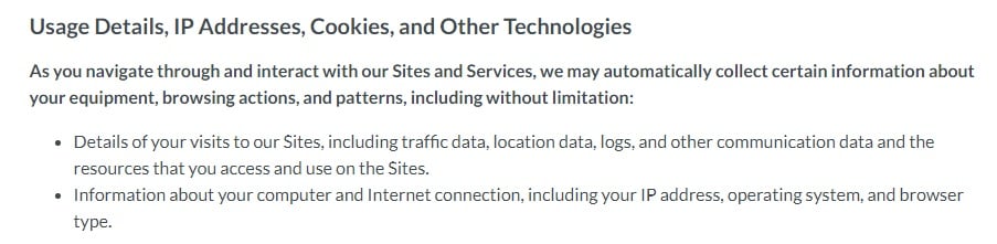 Moz Privacy Policy: Excerpt of Usage Details, IP Addresses, Cookies, and Other Technologies clause