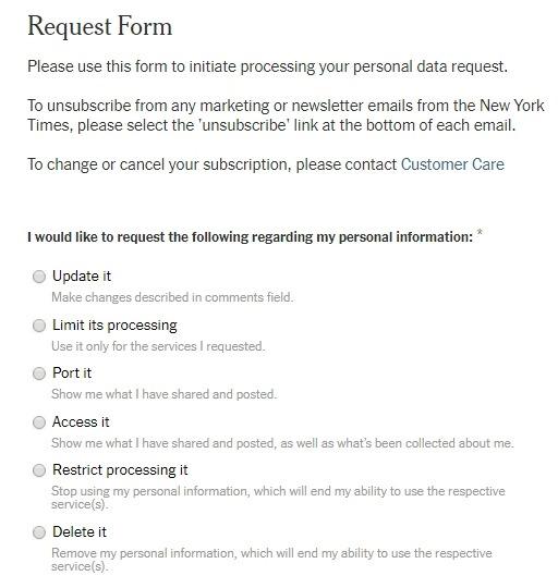 The New York Times: Excerpt of Data Subject Request form for GDPR