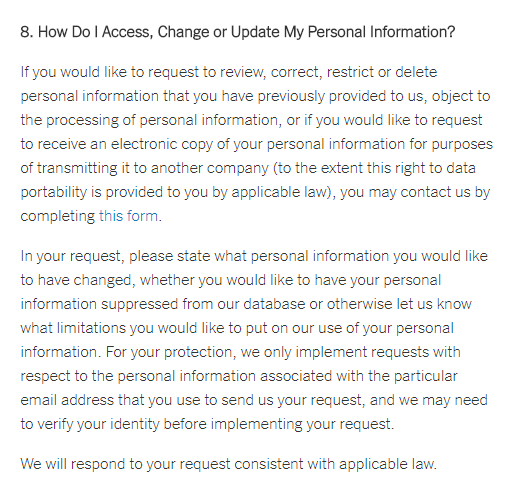 The New York Times Privacy Policy: How do I Access, Change or Update my Personal Information clause