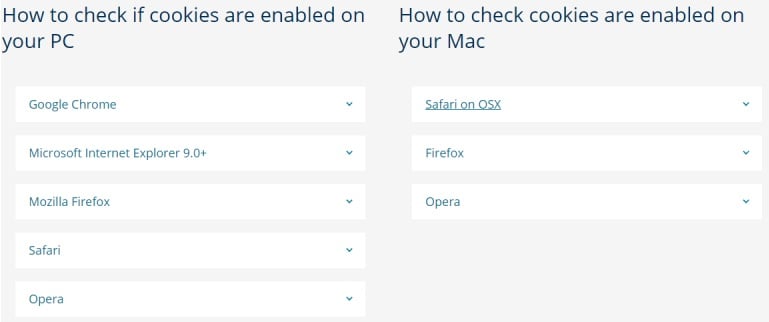 Pearson Cookie Policy: How to manage cookies section with menus of instructions for how to check if cookies are enabled