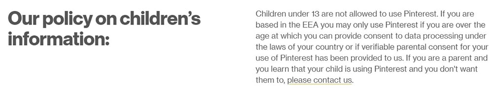 Pinterest Privacy Policy: Children&#039;s information clause