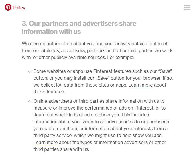 Pinterest Privacy Policy: Our partners and advertisers share information with us clause