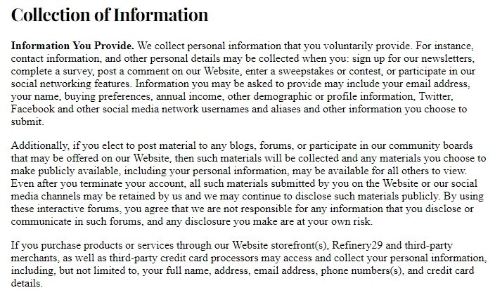 Refinery29 Privacy Policy: Excerpt of Collection of Information clause