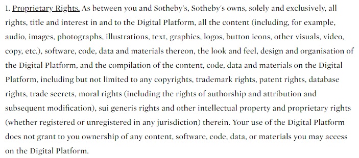 Sotheby&#039;s Terms and Conditions: Proprietary Rights clause