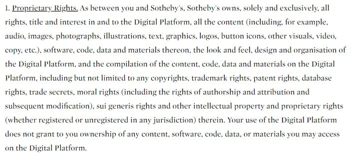 Sotheby&#039;s Terms and Conditions: Proprietary Rights clause