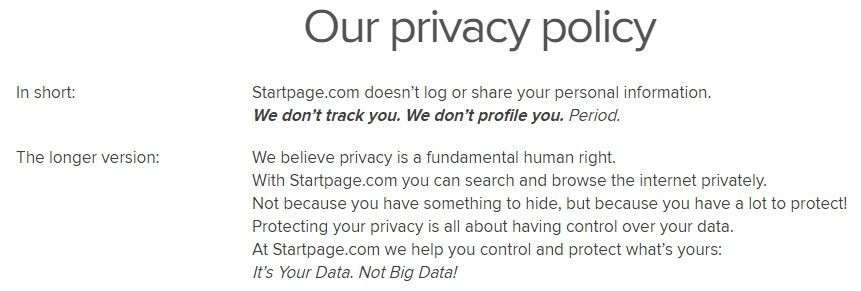 Screenshot of the introduction section of Startpage Privacy Policy