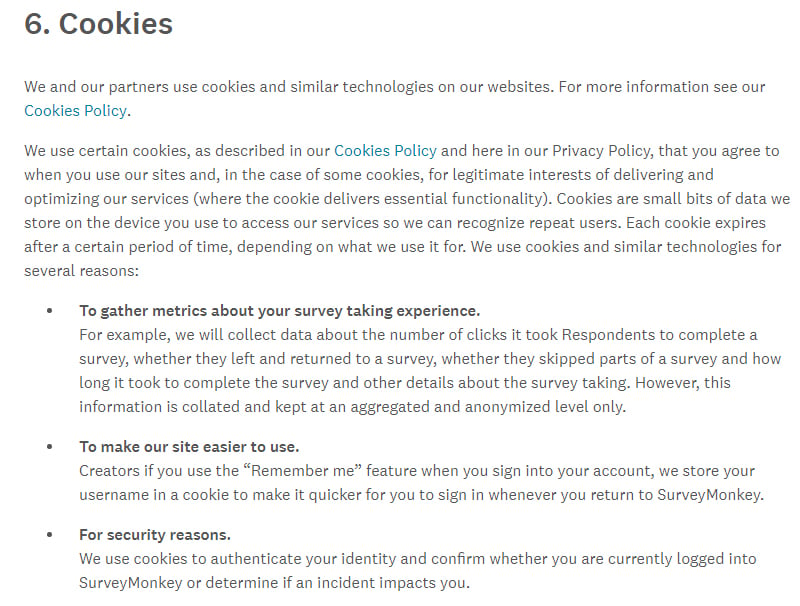 SurveyMonkey Privacy Policy: Excerpt of Cookies clause