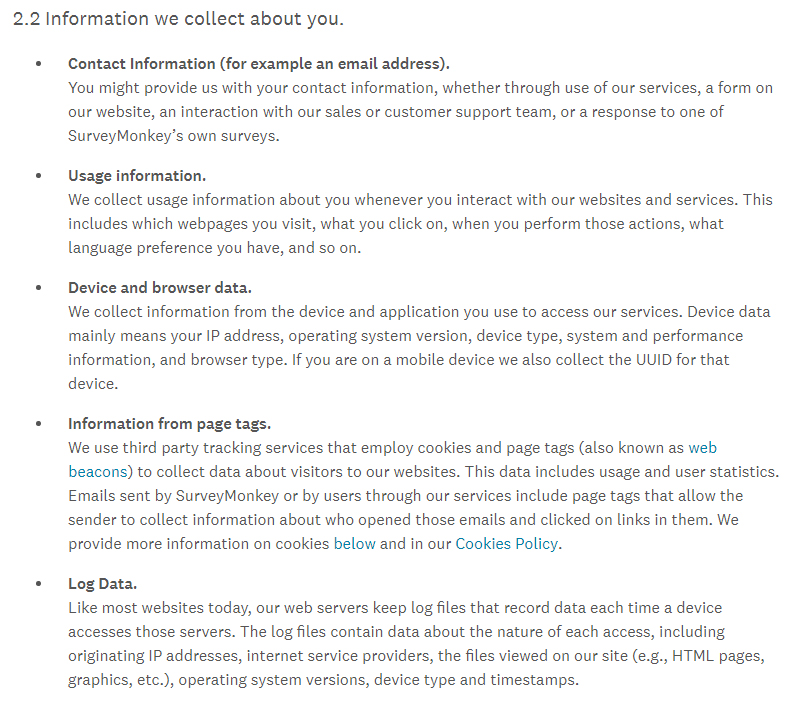 SurveyMonkey Privacy Policy: Excerpt of Information we collect about you clause