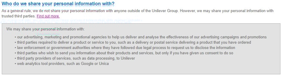 Unilever Privacy Policy: Who do we share your personal information with clause