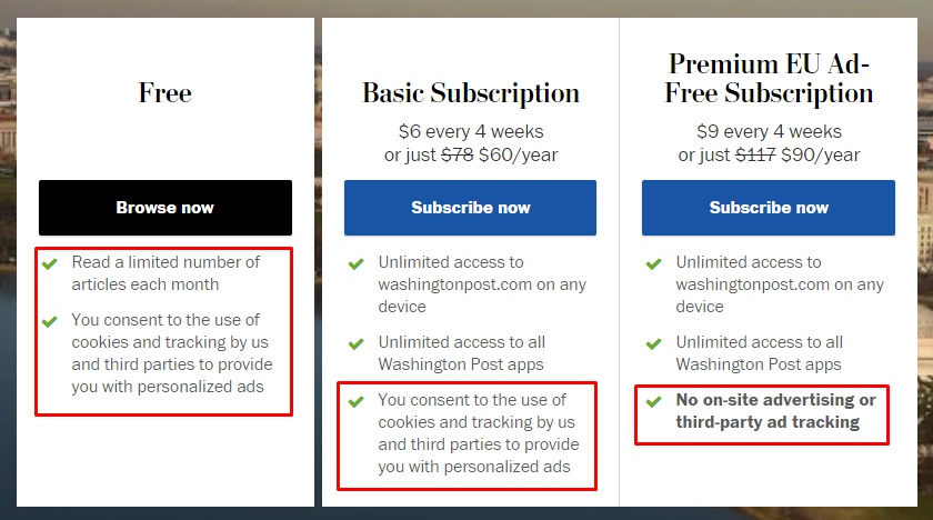 Washington Post subscribe page with different options and consent to cookies highlighted