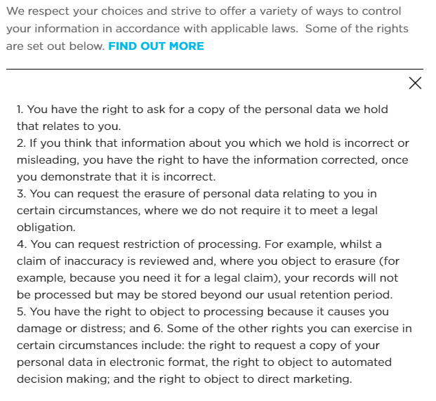 Excerpt of the Workspace Privacy Policy Rights page