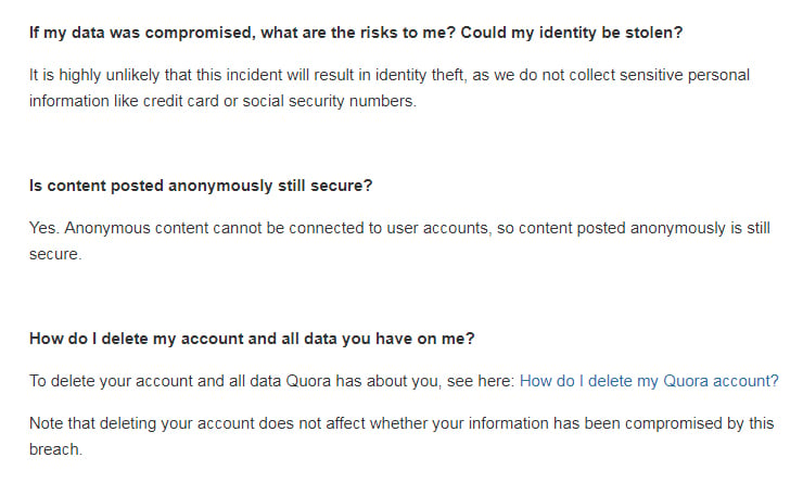 Quora Data Breach Notification Letter important information section