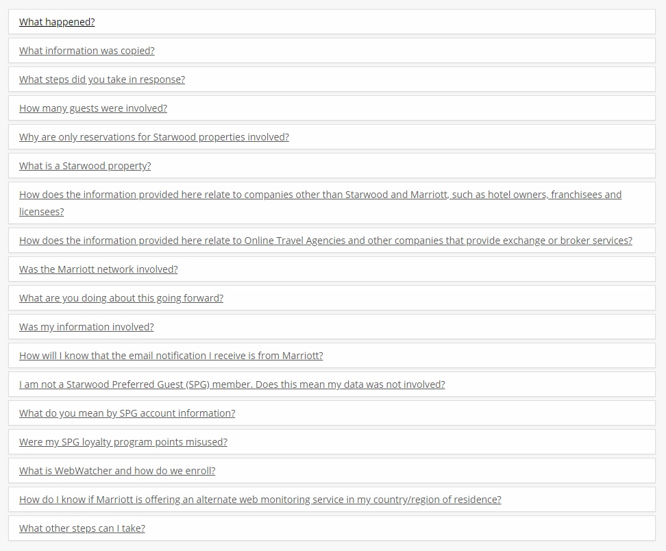 Starwood Guest Reservation Database Security Incident FAQs list