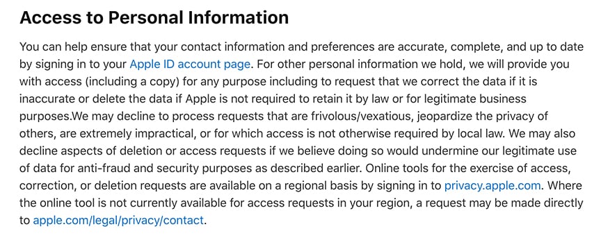 Apple Privacy Policy: Access to Personal Information