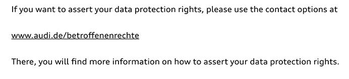 Audi Privacy Policy: Data protection rights contact form section