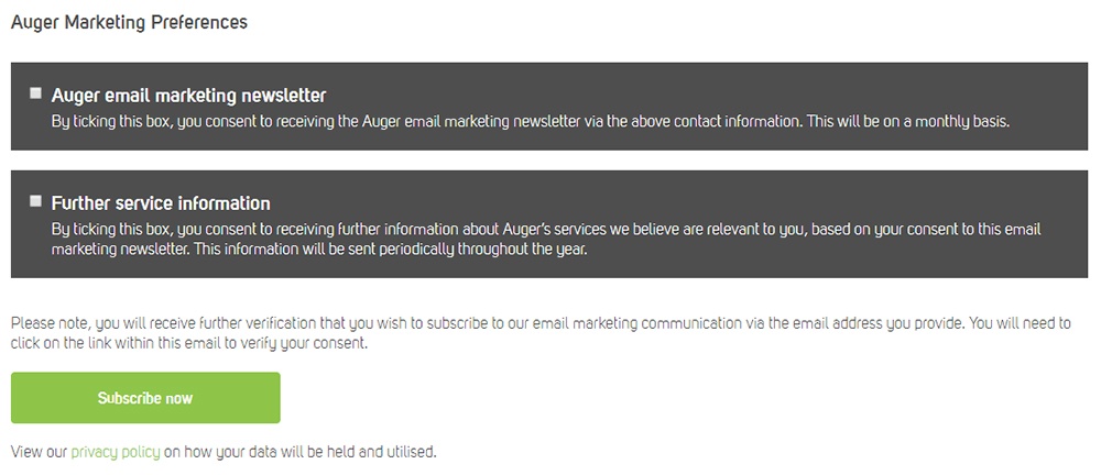 Auger marketing preferences subscribe form