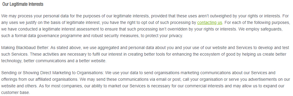 Blackbaud Privacy Policy: Legitimate Interests clause