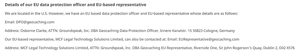 Geocaching Privacy Policy: Details of our EU DPO and EU-based representative clause
