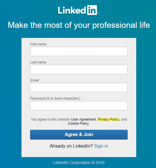 LinkedIn sign-up form with Privacy Policy highlighted
